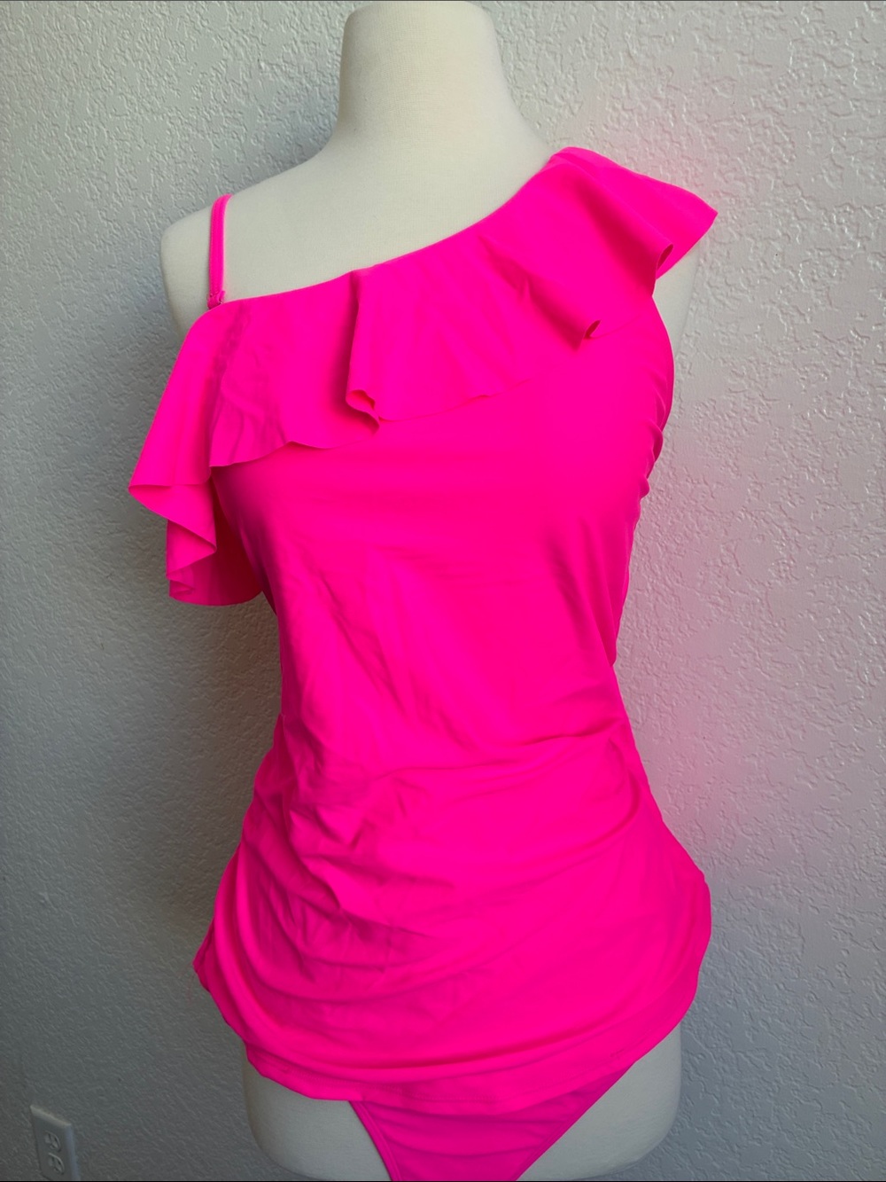 Younique One-Shoulder Ruffle tankini in Neon Pink